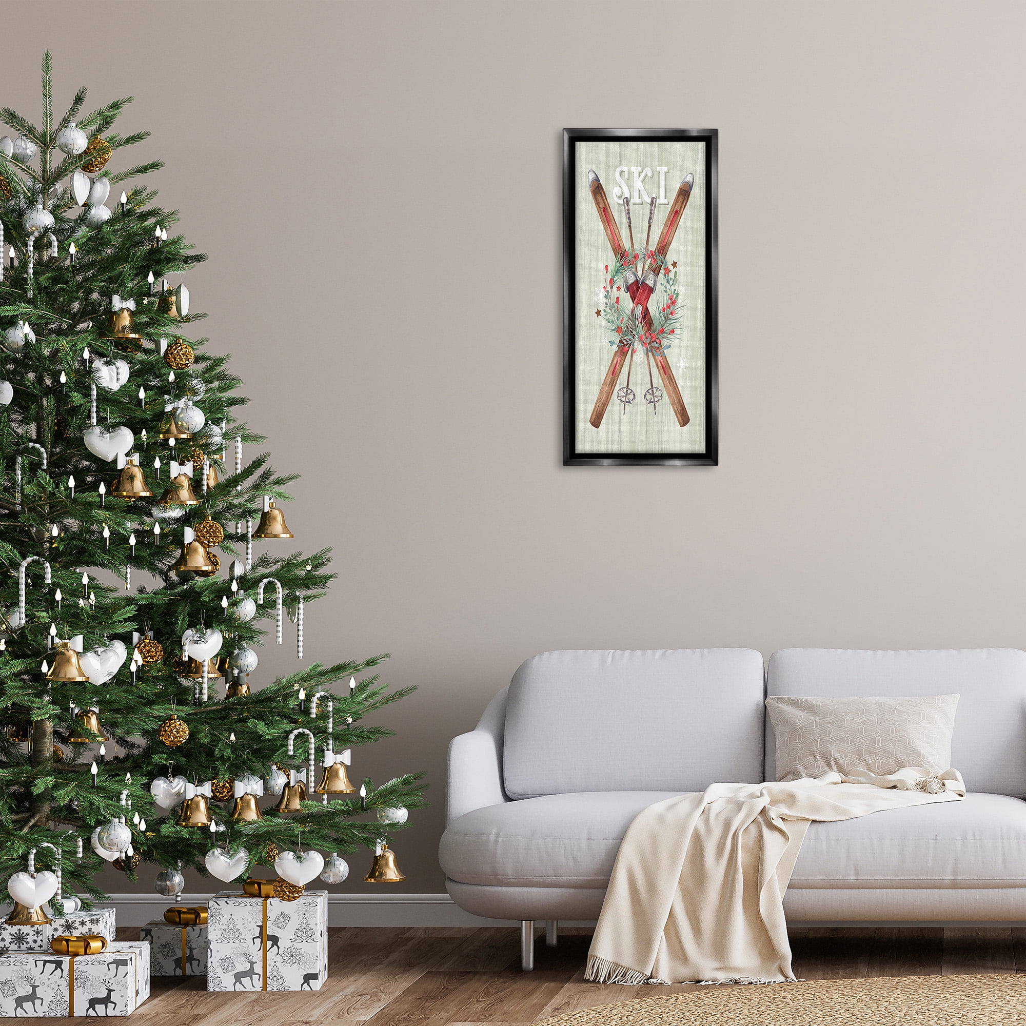 Stupell Industries Rustic Winter Skis Botanical & Floral Painting Black Floater Framed Canvas Art Print Wall Art, 14 x 31