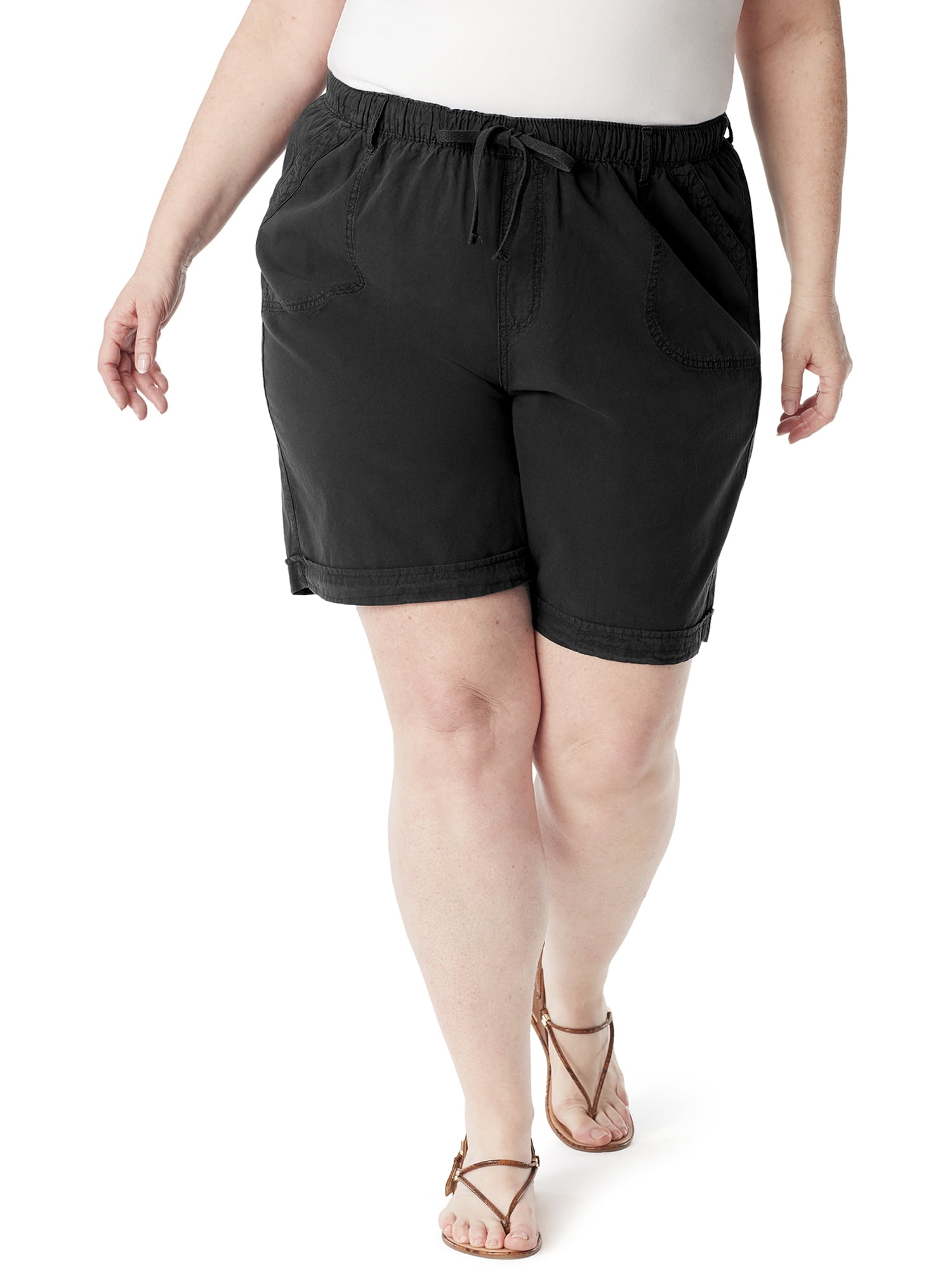 Fseason-Women Bermuda Shorts Plus Size Drawstring Relaxed Cotton Shorts