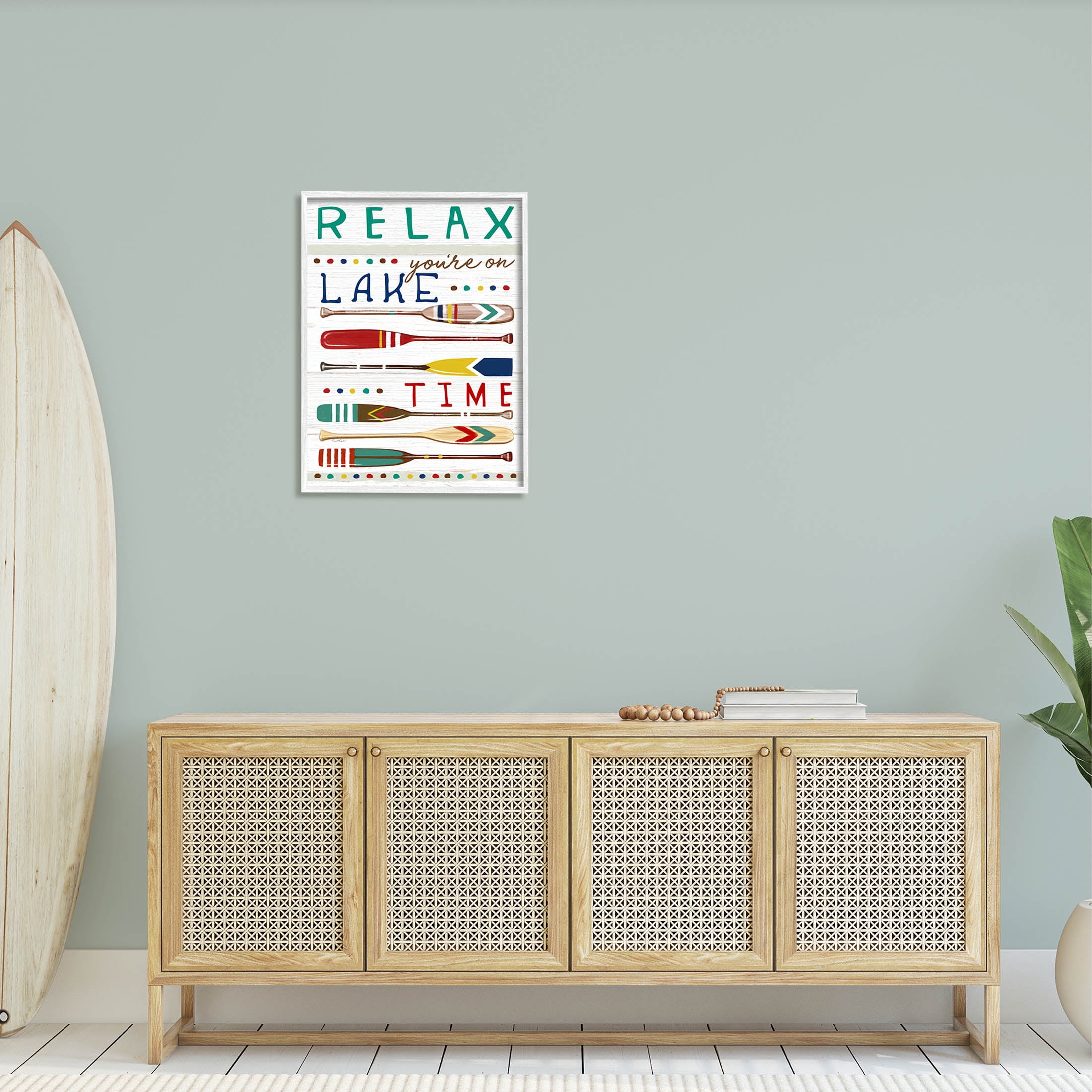 Stupell Industries Relax Lake Time Rustic Oars Graphic Art White Framed Art Print Wall Art, Design by Elizabeth Tyndall