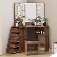 thumbnail image 1 of Corner Vanity Desk Set with 3-Folding Lighted Mirror, Power Outlet, 5 Rotating Drawers, Storage Bench, and Adjustable Lighting – Makeup Vanity Table and Stool for Bedroom – Rustic Brown, 1 of 8