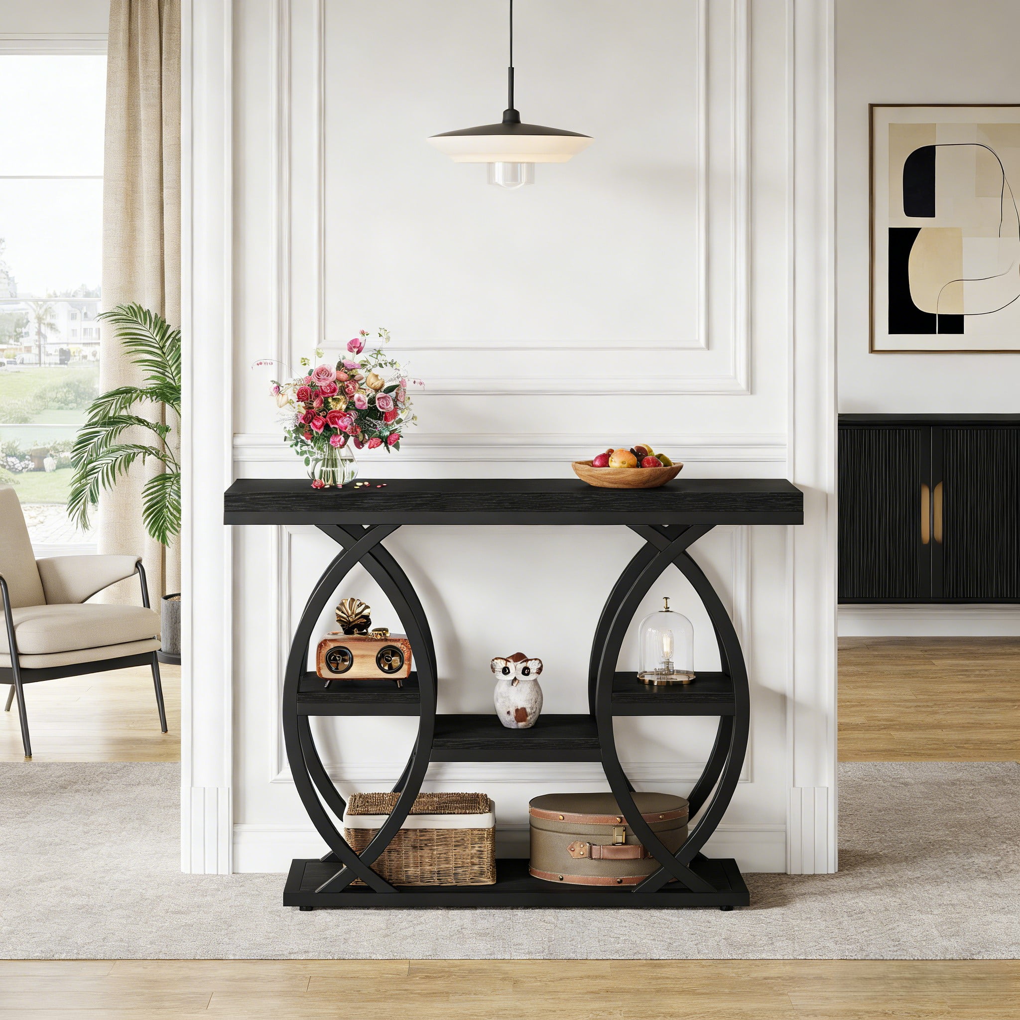 Fnova 39.4" Industrial Console Table, 4-Tier Retro Staggered Storage Shelves, Narrow Wood Accent Table with Metal Frame, for Small Spaces, Entryway, Sofa, Hallway
