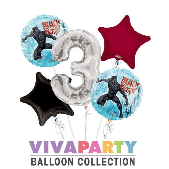 Black Panther Round Balloon Bouquet 5 pc, 3rd Birthday, Silver Number 3 Jumbo Balloon | Viva Party Balloon Collection