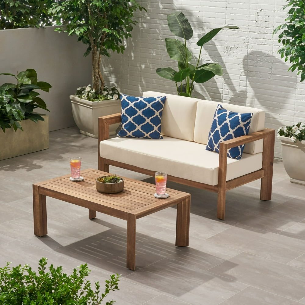 Alfonso Outdoor 2 Seater Wooden Loveseat and Coffee Table Chat Set with