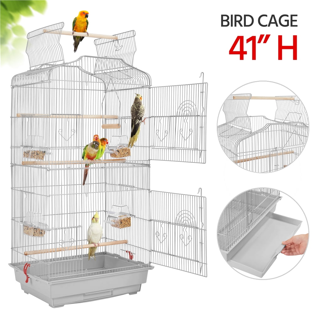 Alden Design Large 41" Metal Bird Cage with Play Top for Parakeets and Lovebirds, Light Gray