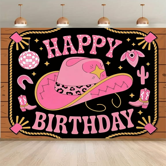 Western Cowgirl Happy Birthday Backdrop Hot Pink Rodeo Boot Cowgirl Hat Disco Birthday Photography Background Brown Board Cowgirl Birthday Party Decorations Banner Supplies Photo Booth Props