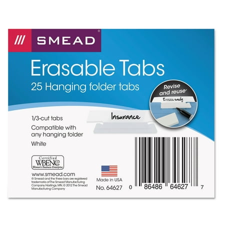 Folder Tabs 3 Tab - Erasable Hanging Folder Tabs, 1/3 Tab, 3 1/2 Inch, White, 25/PK