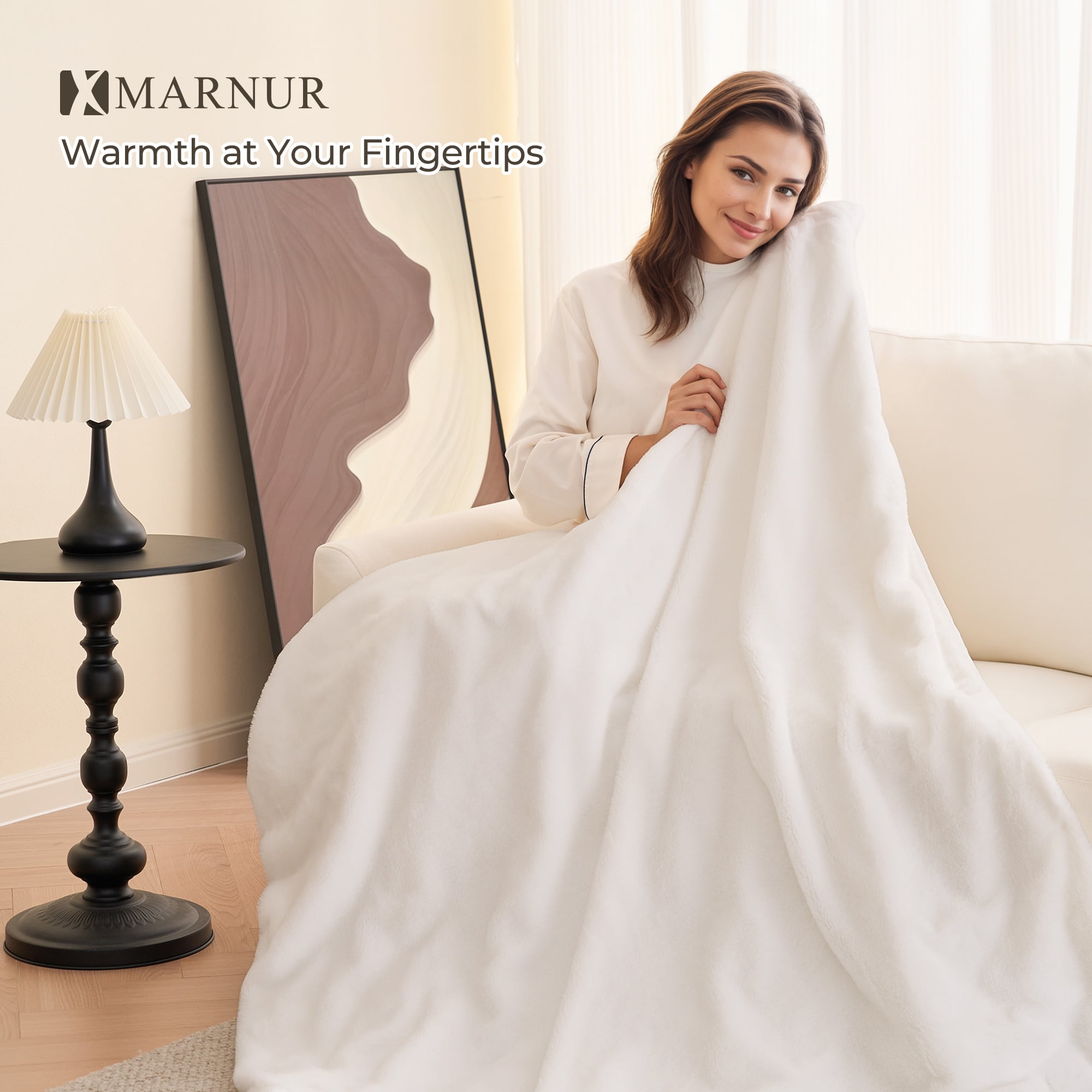 MARNUR Electric Throw Blanket 50"x60", Soft Faux Fur, 6 Heating Levels, 4 Hours Timer, Cozy Couch Blanket White