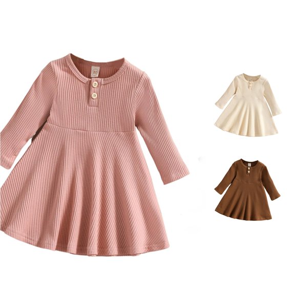 CUZIBR Baby Girls Fall Dresses Long Sleeve Round Neck Solid Color Ribbed Button A-Line Princess Dress Breathable Comfortable Thermal Winter Layering Stylish Clothes Dailywear,Pink,2-3 Years