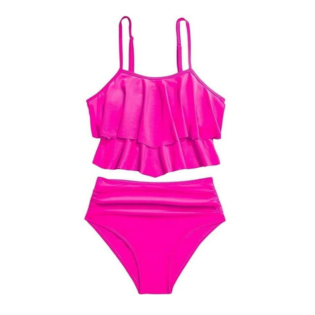 Girls Two Piece Swimwear for Teens and Youth Solid Color Bikini with Ruffled Back and Tankini Top for Spring Summer