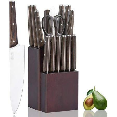 

Beautops Commercial Home Kitchen Knife Sets 15 Piece With Block Chef Knives Hollow Handle Cutlery Set Etc - Dark Brown - Kitchen Surpplice
