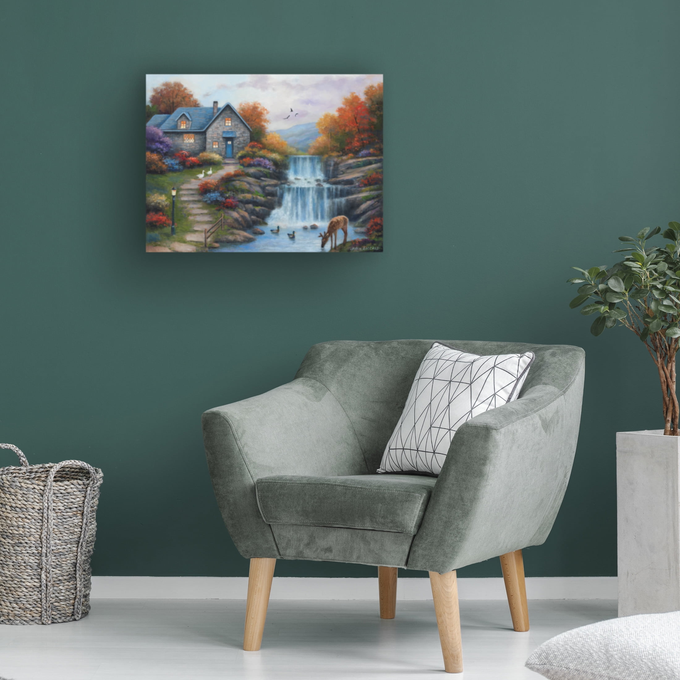 Canvas Wall Art - John Zaccheo 'Cottage by the Falls' Wall Art for Living Room, Bedroom, or Office Décor by Trademark Fine Art - 19 x 14 Inches