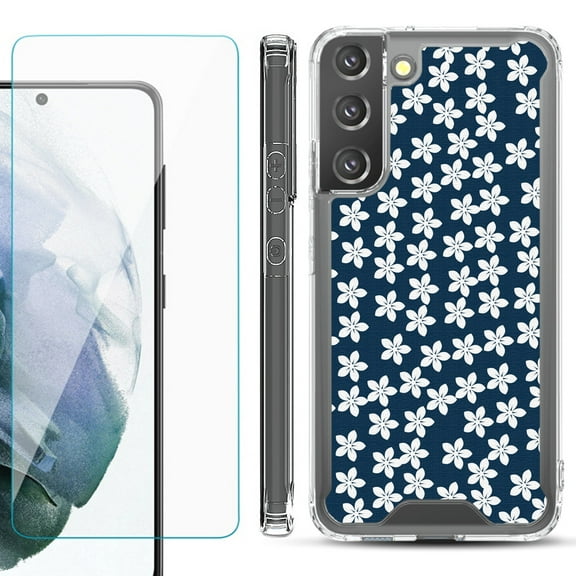 Shockproof Bumper Phone Case for Samsung Galaxy S22 5G, with Tempered Glass Screen Protector, by OneToughShield ® - Flower/Blue