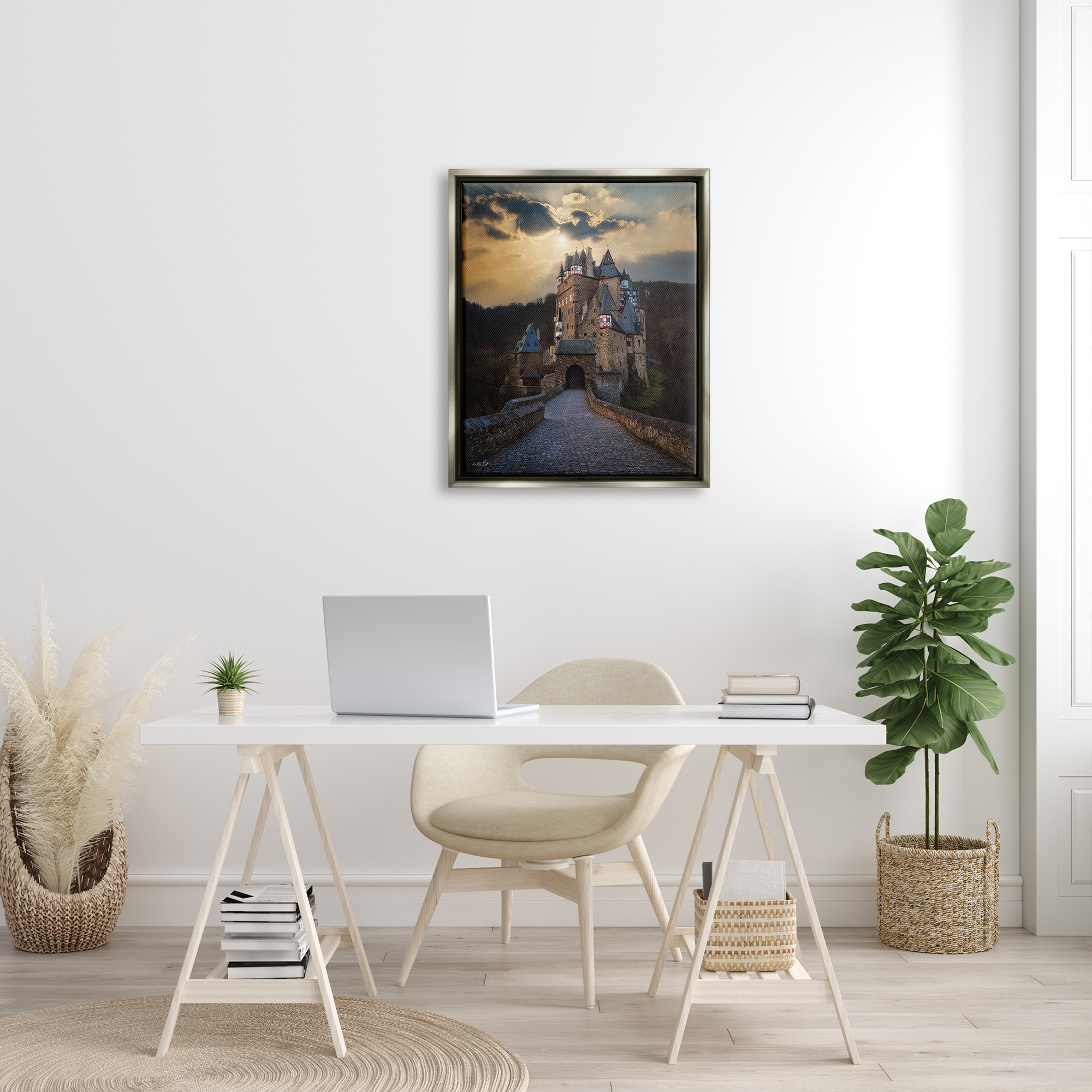 Stupell Eltz Castle Path Sun Rays Photography Landscape Photography Gray Floater Framed Art Print Wall Art