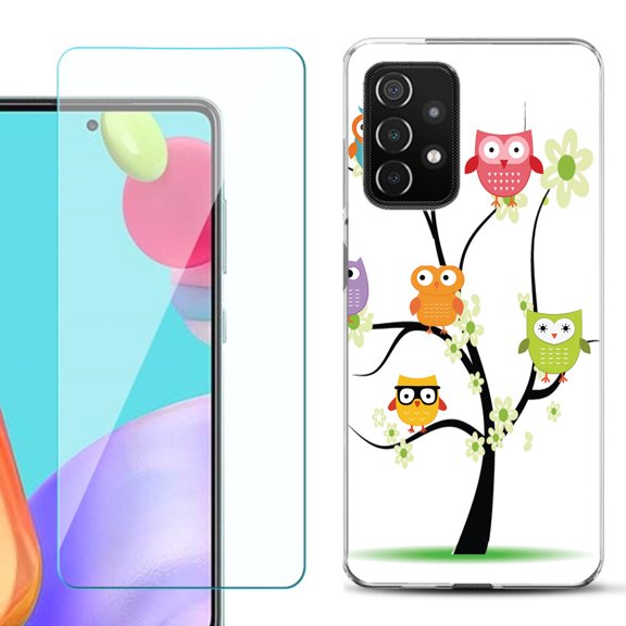 Slim-Fit Flexible Gel TPU Phone Case compatible with Samsung Galaxy A52 5G, with Tempered Glass Screen Protector, by OneToughShield ® - Tree Owl