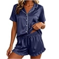thumbnail image 5 of Zynoxe Womens Satin Pajama Sets Solid Color Short Sleeve Button Down Blouses and Ruffle Drawstring Shorts Casual Soft Two Piece Lounge Sets, 5 of 9