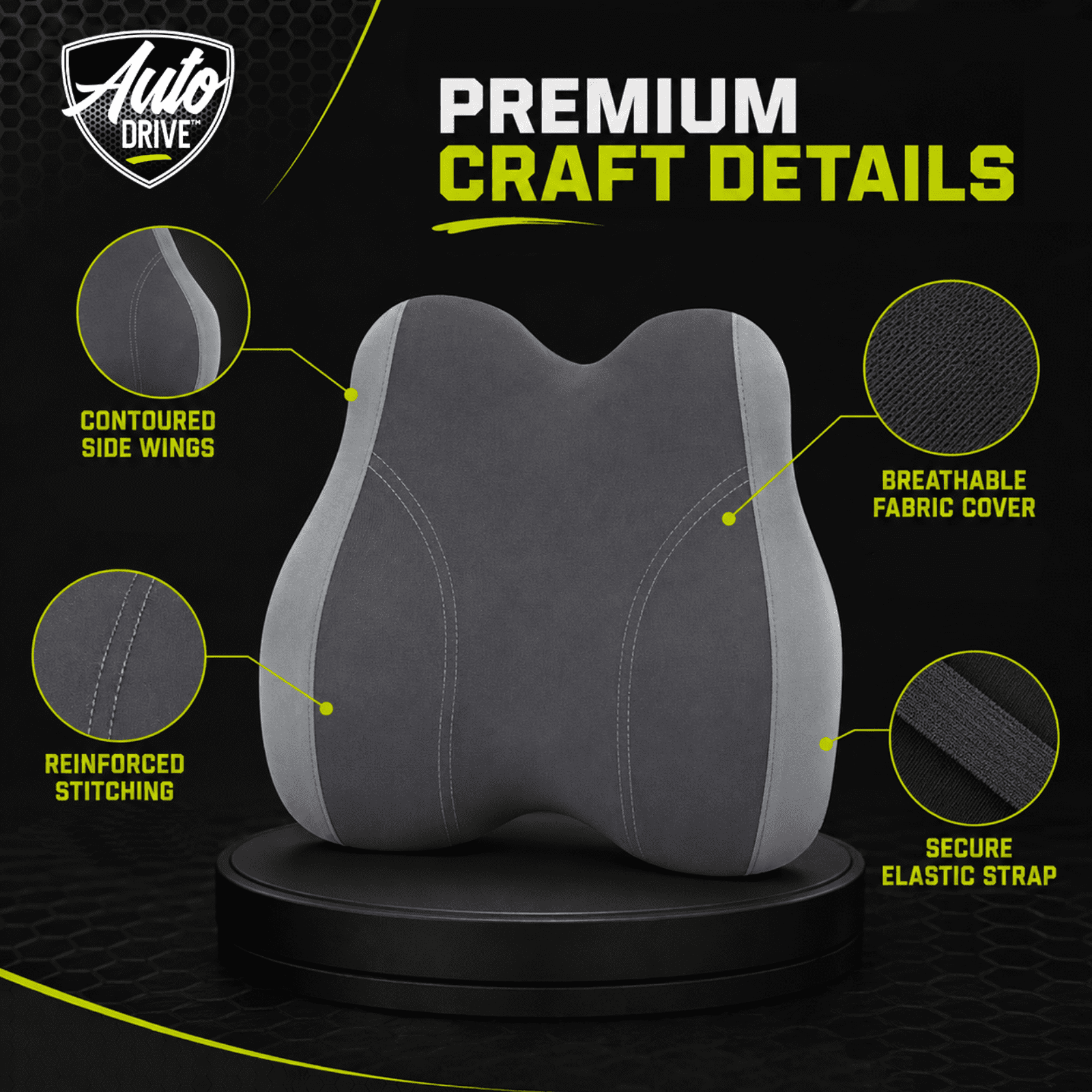 Auto Drive Waterproof Lumbar Support Pillow, Ergonomic Back Support Pillow for Car Seat & Office Chair, Non-Slip Lumbar Cushion for Lower Back Support, Universal Fit, Black & Gray