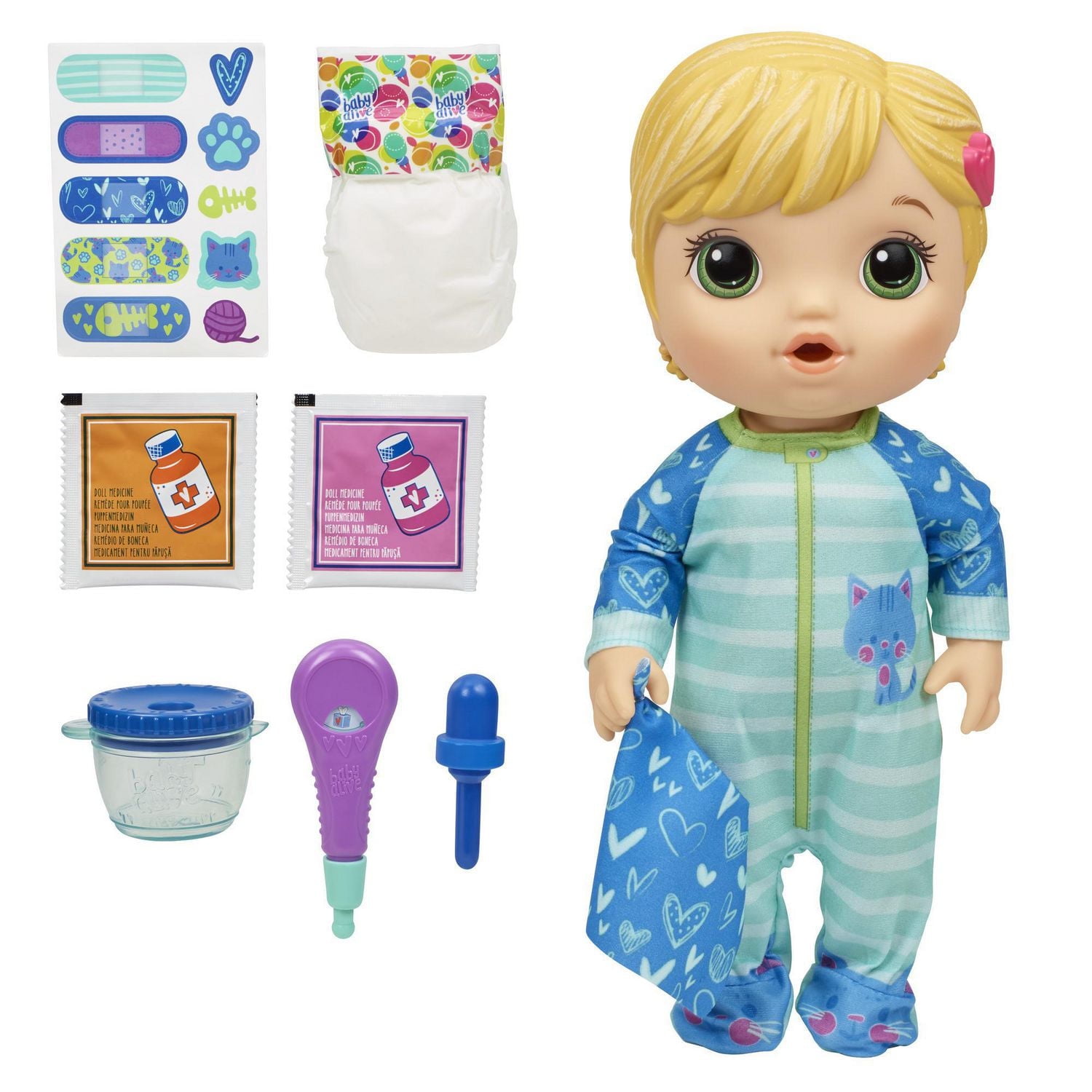 Baby Alive Mix My Medicine Baby Doll, Blonde Hair, Kitty-Cat Pajamas