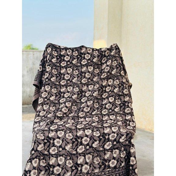 Handwoven Cotton Throw Blanket, Beige and Black Floral Sofa Throw with Tassels