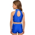 thumbnail image 2 of inhzoy Kids Girls Dance Gymnastics Sparkling Rhinestone Crop Top with V-front Elastic Waistband Shorts Set Royal Blue 10, 2 of 6