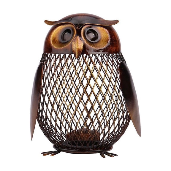 Vintage Style Wrought Iron Owl Shaped Coin Storage Jar, Decorative Metal Container Box for Home Office Desk Organization, Industrial Farmhouse Decor