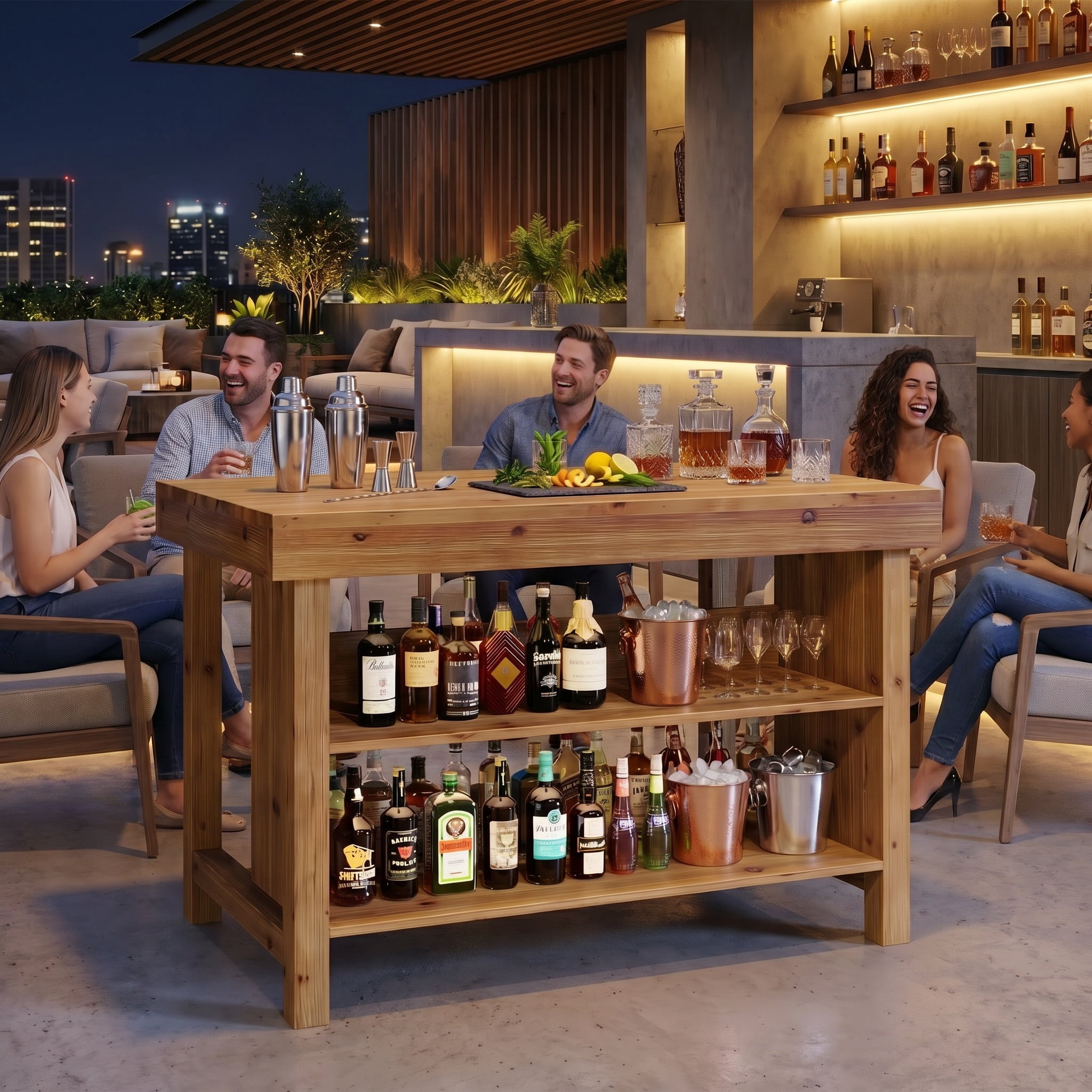 Fnova 55" Solid Wood Bar Cabinet, 3-Tier Farmhouse Home Bar Unit with Open Storage Shelves for Dining Room, Living Room, Basement, Brown