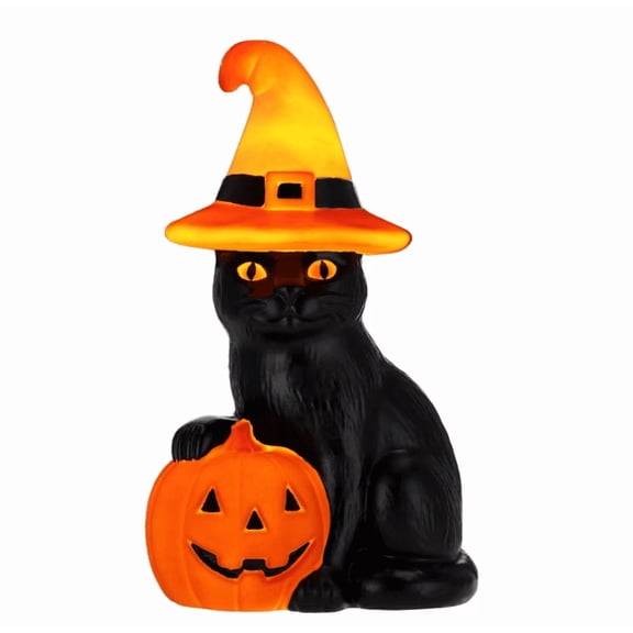 Halloween Outdoor Light‑Up Blow Mold Decoration, Black Cat in Witch Hat with Smiling Jack‑o‑Lantern for Yard Entryway Party Decor