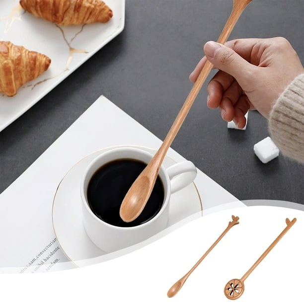 Cucharilla para mezclar café Asa larga de madera – diseño de hoja de limón, marrón natural, 18 cm, utensilio duradero y sostenible para revolver bebidas de té de café, fácil de limpiar, 1 pack