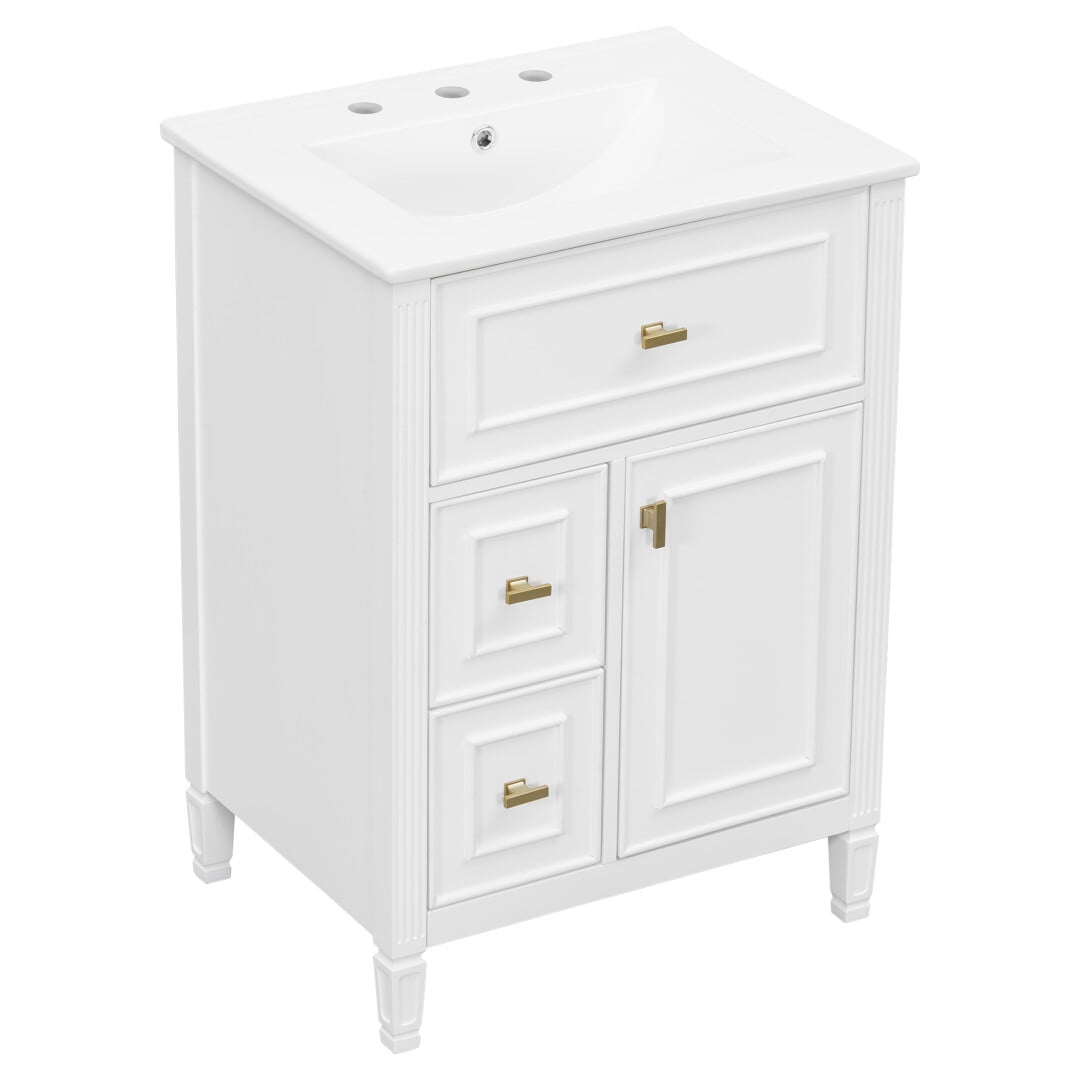 24" Bathroom Vanity with Ceramic Sink, Freestanding Vanity with Flip Drawer and Storage Rack,  Solid Wood Cabinet with Adjustable Shelf and Drawers for Bathroom, White