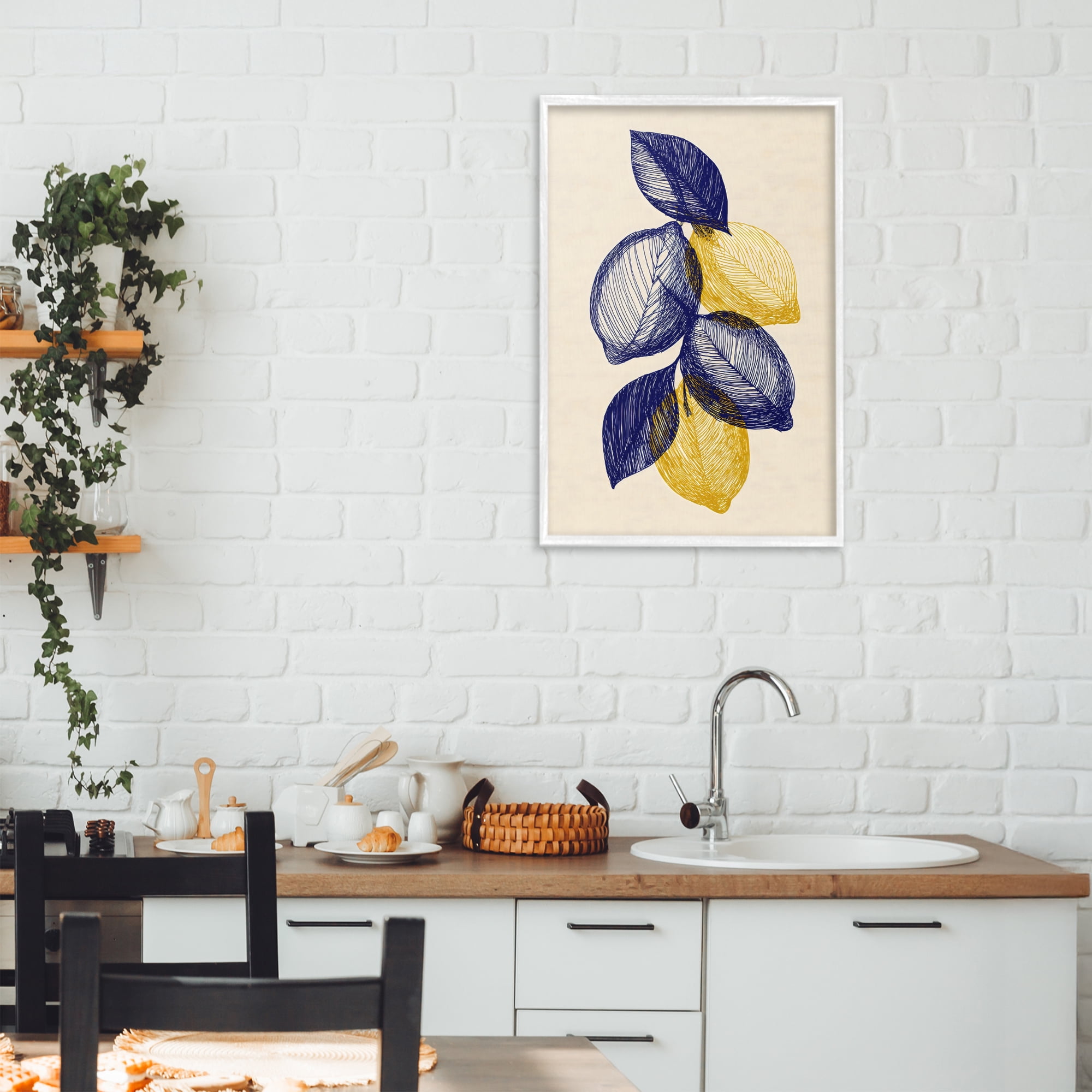 Stupell Industries Navy Lemons Botanical Sketch White Framed Giclee Art, design by Petal Prints Design