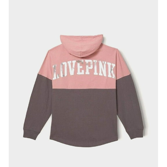 Victoria's Secret Pink Women Varsity Colorblock Pullover Hoodie Pink Charcoal Size Small NWT