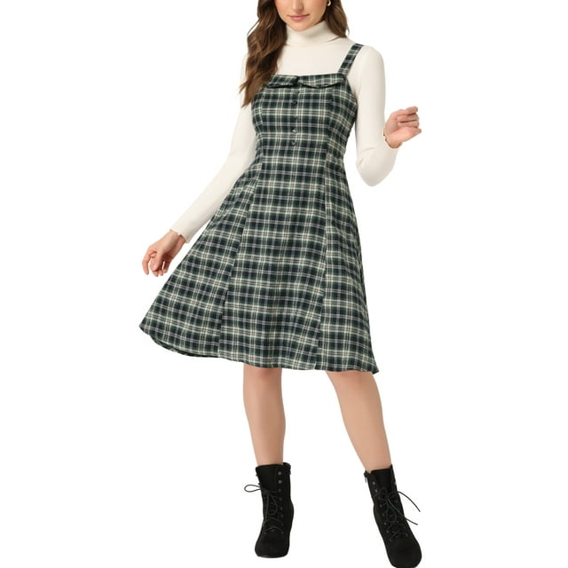 INSPIRE CHIC Robe à Bretelles pour Femmes Rétro à Carreaux Col Carré Robe Midi Ligne A m Vert