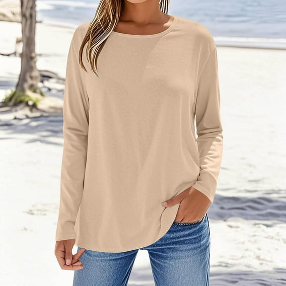 Fznquz Womens Tops Trendy Crewneck Beige Plain Shirts Casual 2025 Long Sleeve Women Tshirts