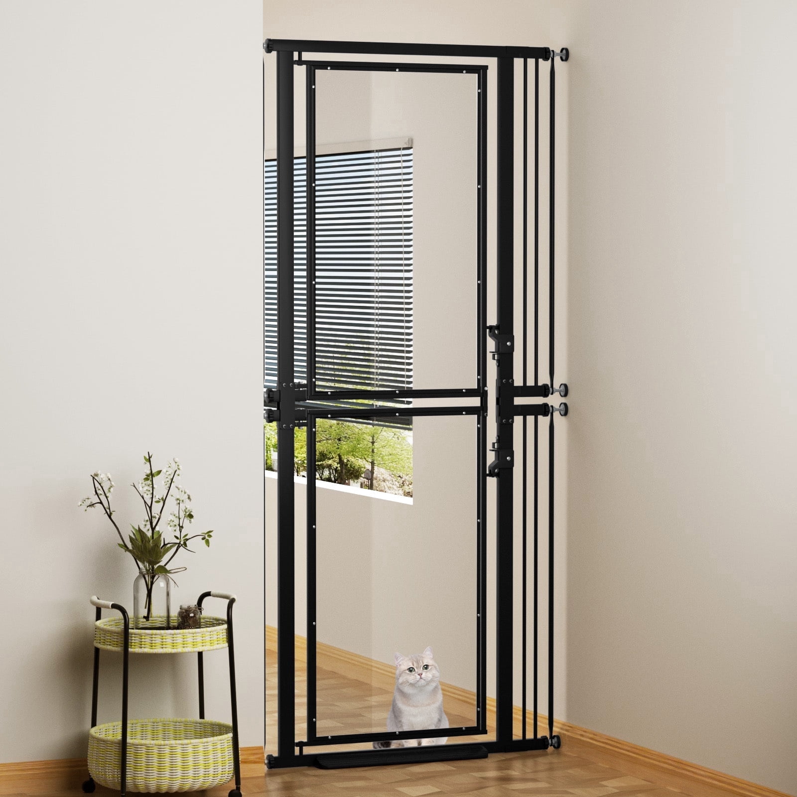 73.6 Extra Tall Cat Gate Transparent Detachable into 2 Low Gates 29.5–36 Width Pressure Mounted Full Door for Stairs Kitchen Studio Black