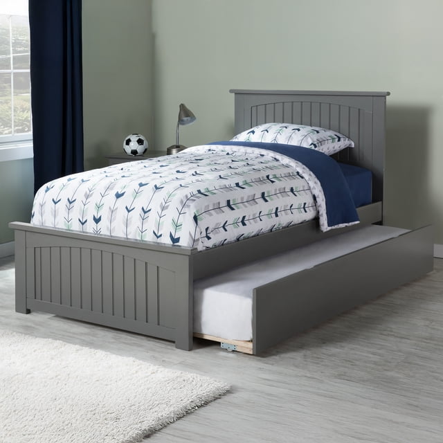 Nantucket Lit Plateforme Simple avec Pied de Lit Assorti et Tiroir-Lit Simple, Gris