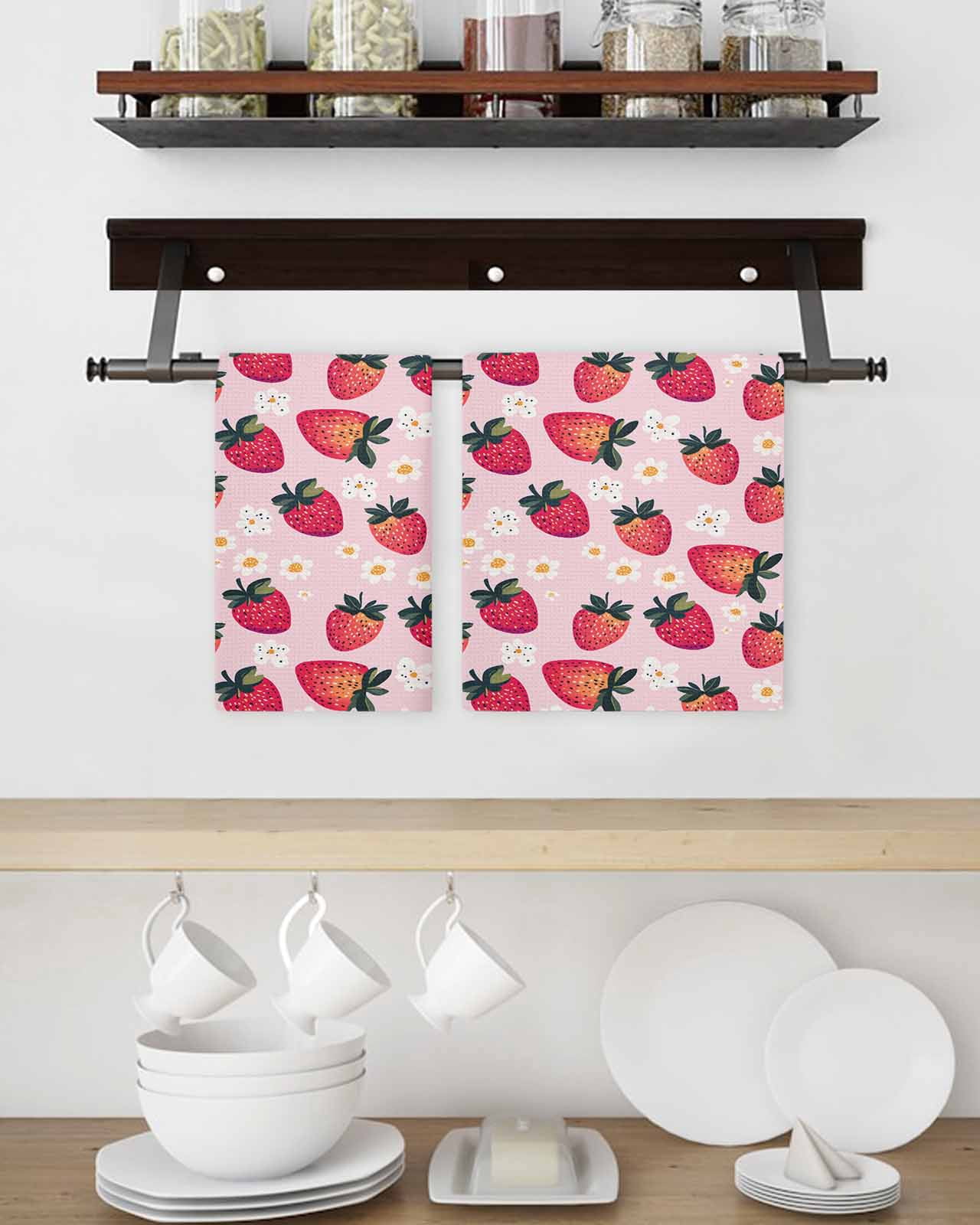 Strawberry Kitchen Dish Towels for Drying Dishes Set of 3, Pink Spring Summer Rustic Floral Fruit Waffle Weave Microfiber Terry Hand Tea Bathroom Towels Quick Dry & Absorbent Towel 15.7x23.6