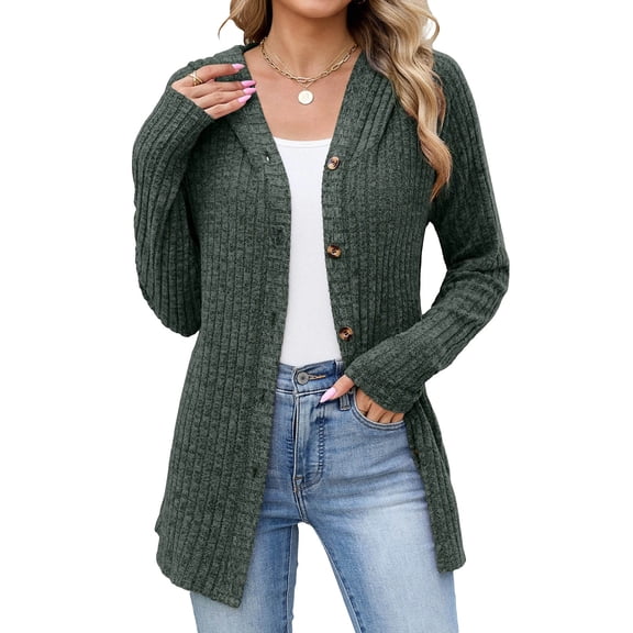 Edvintorg Long Cardigans for Women Solid Color Long Sleeve Button Down Knit Cardigan Fall Open Front Cardigans Sweater Women Clothing S-2XL Army Green
