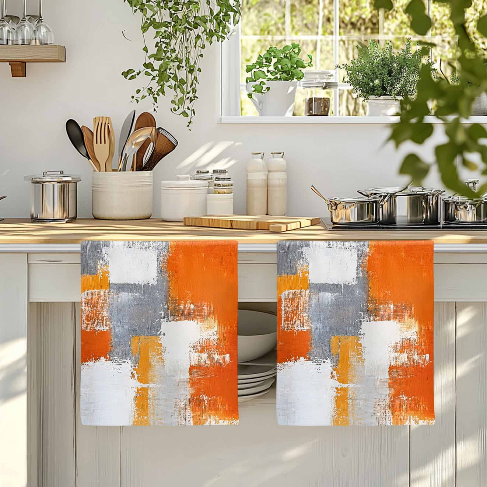 Burnt Orange Grey Kitchen Towels Set of 2, Modern Oil Painted Geometric Abstract Absorbent Dish Towels for Kitchen, Microfiber Hand Towel, Quick Drying Tea Towel for Cleaning Decorative Dishcloths