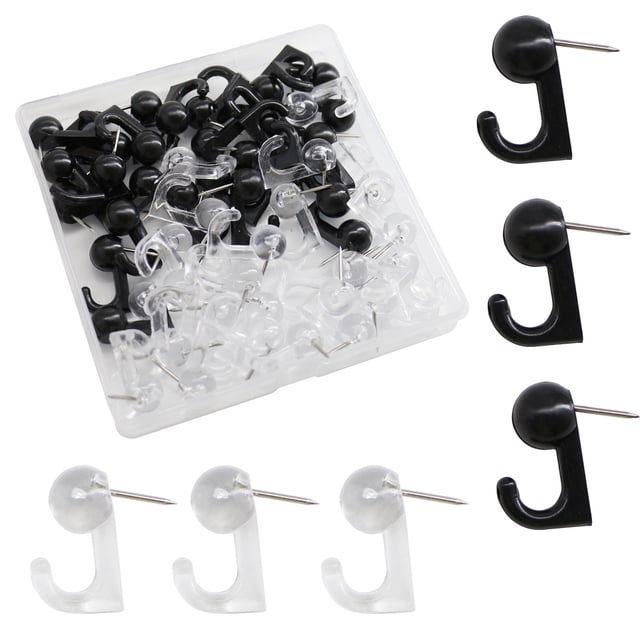 Chinchetas con gancho en caja de 50 unidades, color negro transparente, clavos de pared con ganchos, clavos de pared para documentos de oficina