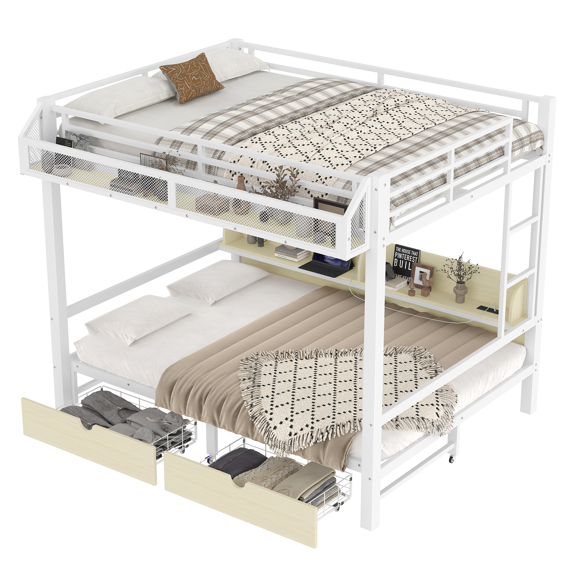 Aukfa Queen over Queen Metal Bunk Bed with Storage Drawers, Shelves, USB Ports & LED Lights, Convertible Bottom Sofa Bed, Heavy-Duty Bed Frame for Kids Teens Adults, White