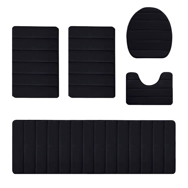 Ohufall 5 Piece Large Bathroom Rug Set Non Slip Soft Toilet Mat Machine Washable Quick Dry Dark Color
