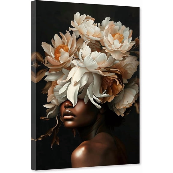 ZHONGYUTONG African American Canvas Black Woman Wall Art Flower Head Pictures Abstract Black Girl Painting for Bedroom Decor Framed (12.00" x 18.00")