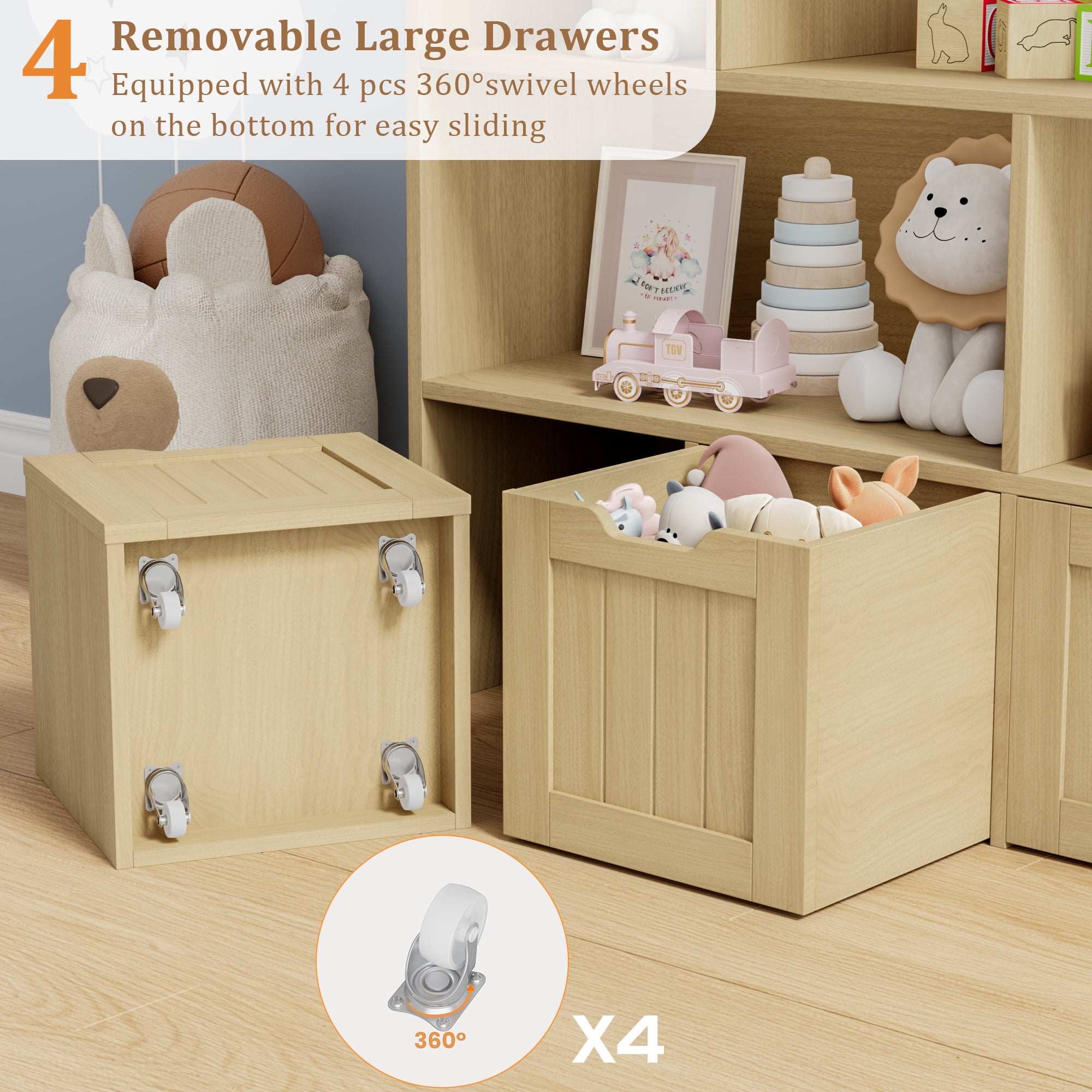 Homfa 7 Cube Toy Storage Organizer, Kids Geometric Bookcase and Bookshelf with 4 Drawers, Natural