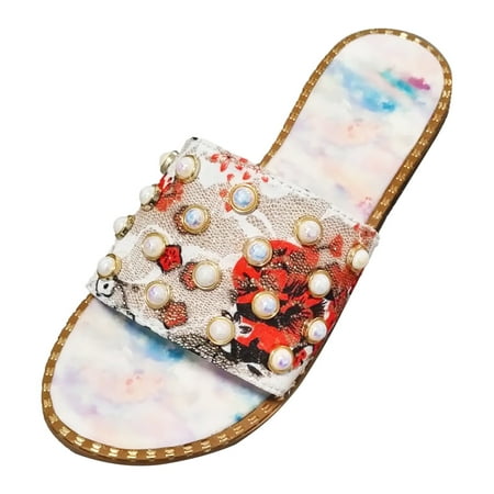 OJSFQUFP Women Shoes Casual Women Fashion Slip On Casual Open Toe Pearl Decoration Flat Soft Bottom Breathable Shoes Sandals Slippers Ladies Slippers Red 42