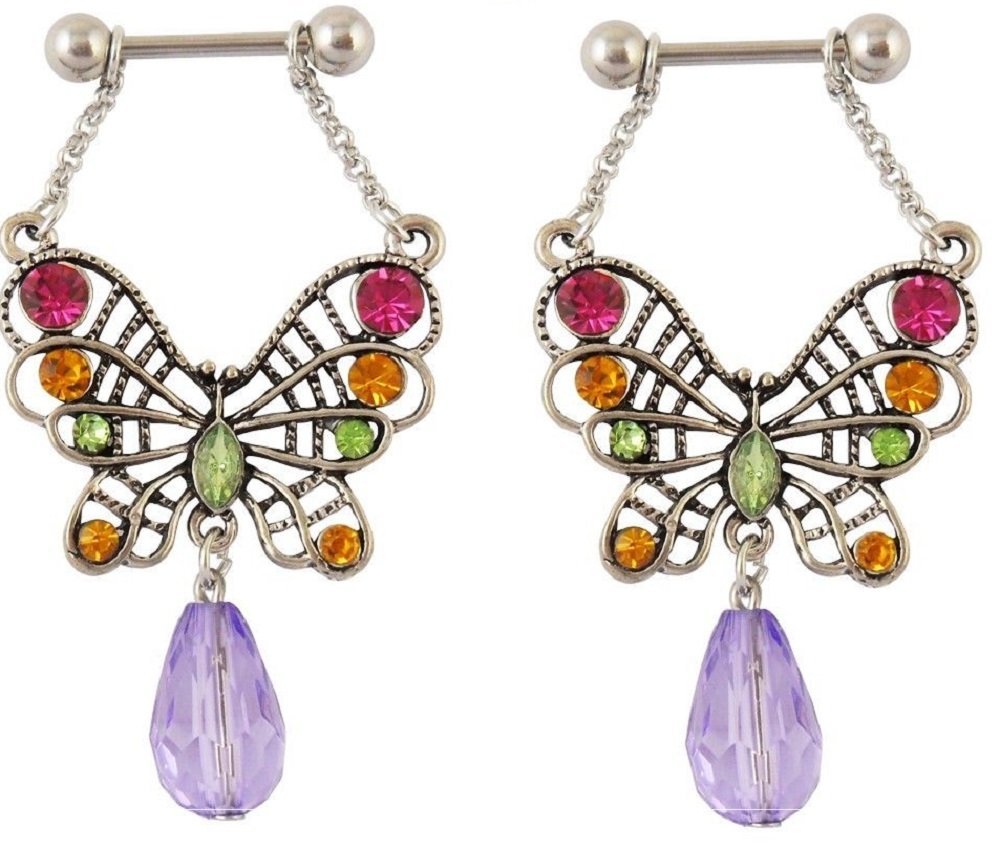 Nipple Ring CZ Butterfly bar shield sold as pair Bronze