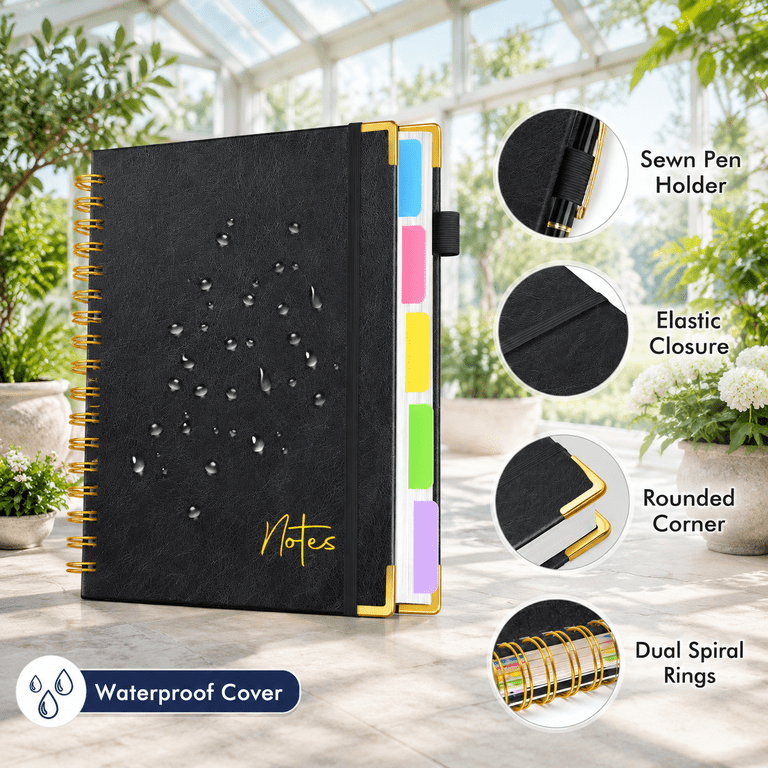 Sujce Notebook Black A5 Hardcover Leather 5 Subject College Ruled Spiral Notebook ...