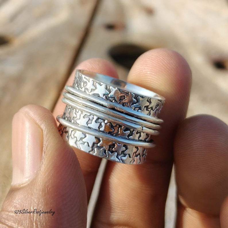 TRIDHA SILVER- Silver Spinner Ring - Celestial Star Anxiety Relief Band | 925 Sterling Silver Boho Wide Cosmic Jewelry Meditation Fidget Spinner