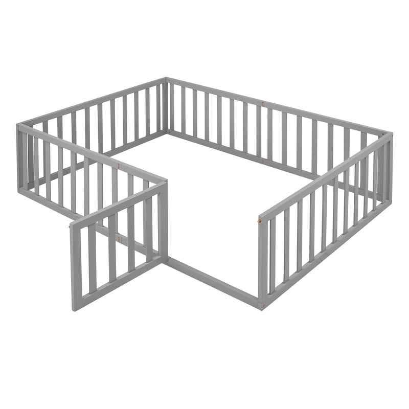 Full Size Floor Bed Platform Bed with Fence and Door, Wooden Montessori Bed Toddler Bed Kids Playhouse Bed with Guardrails for Boys Girls, No Slats