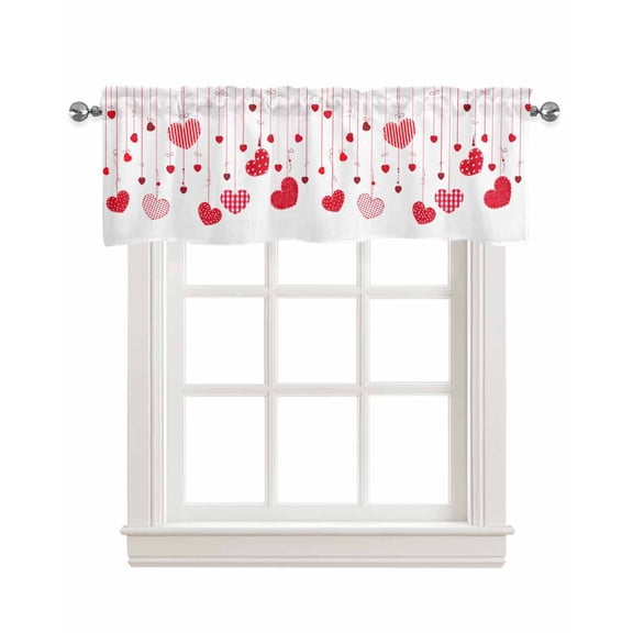 Valentine's Love Linen Curtain Valance for Bedroom/Bathroom/Kitchen/Office/Living/Dining Room Windows,Plaid Polka Dot Heart Simple White Rod Pocket Topper Drapes Decorative Cafe Drapery Panel 42x18