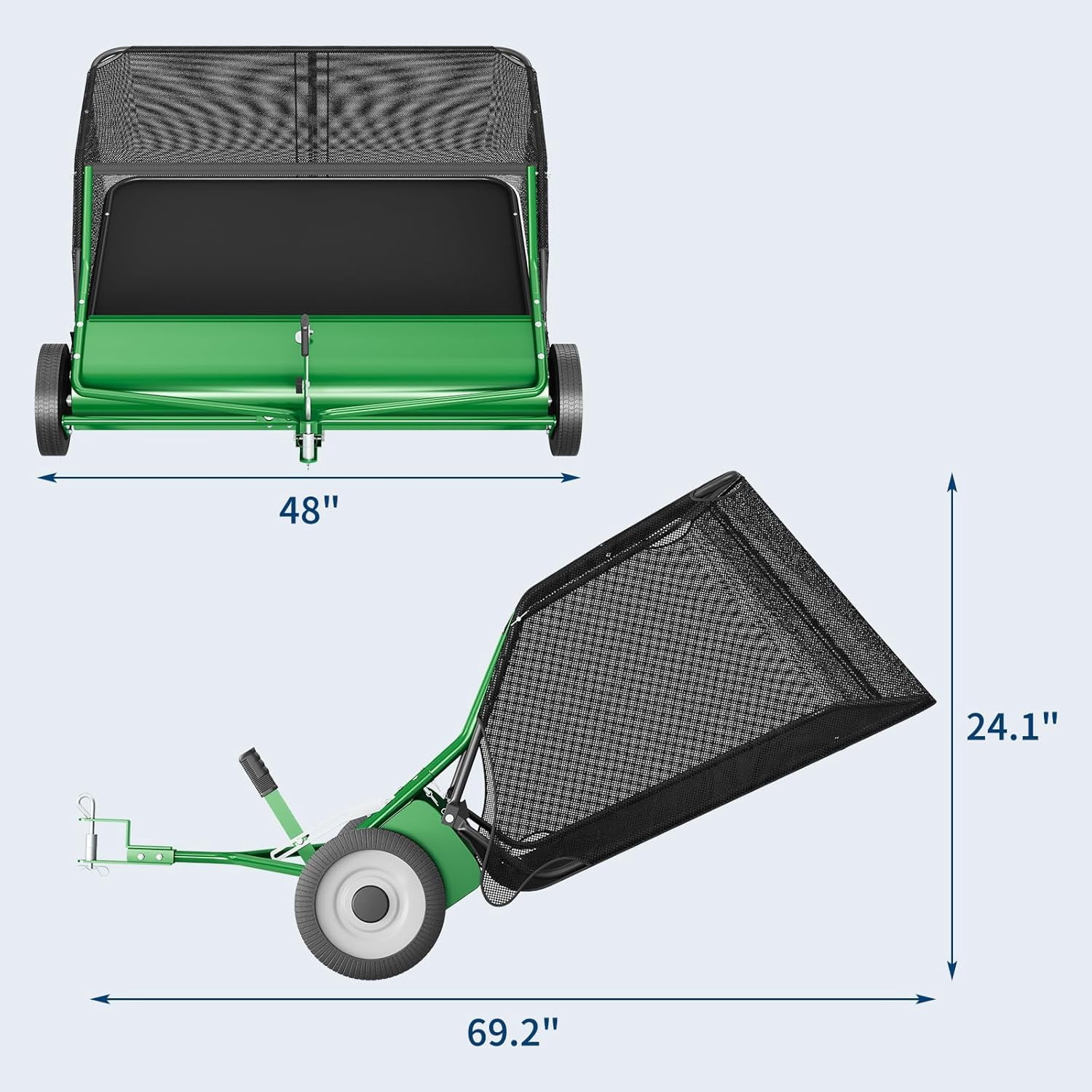 EastVita 48 in Wide Tow Behind Lawn Sweeper 25 Cu Ft Large Capacity Hopper Heavy Duty Adjustable Brush Height for Yard Lawn Farm Cleanup