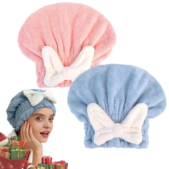Deally 2-Pack Microfiber Hair Towel Wrap for Women – Hair Towel, Quick Drying Absorbent Hair Drying Turban with Bow, Pink and Blue